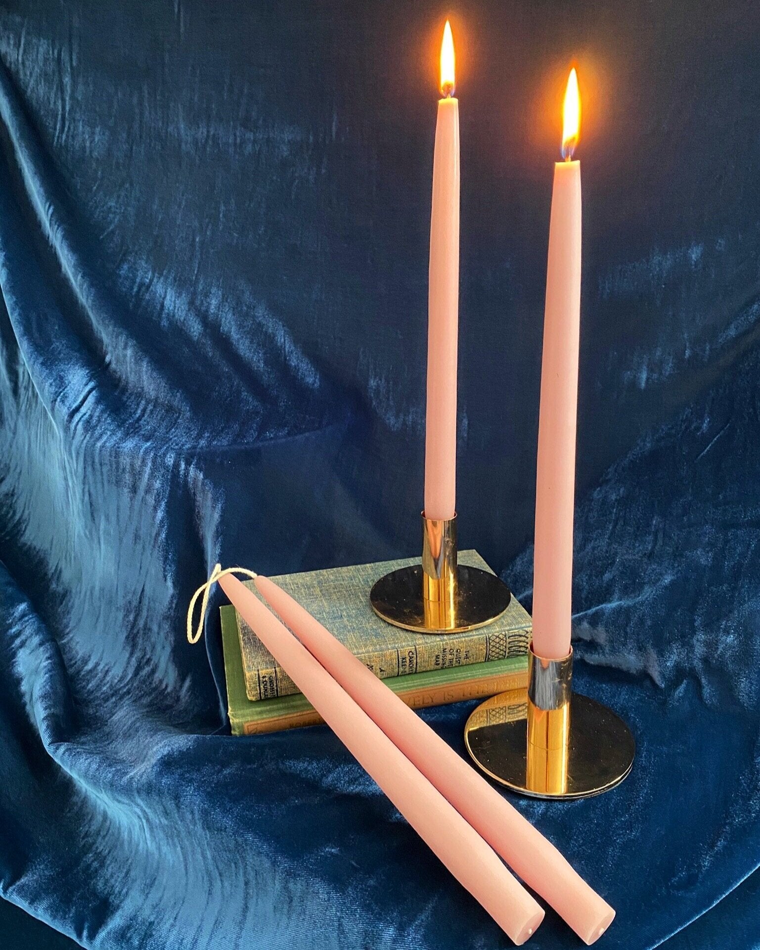 Small Brass Base Candle Stick Holder with Beeswax Candles-Black-sold in a  set
